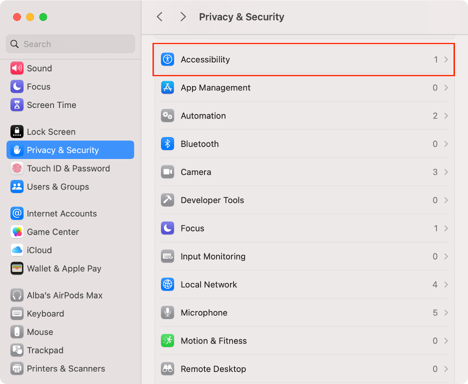 To change the app’s Accessibility permissions, scroll down the left panel and select the Privacy & Security section, then click Accessibility.