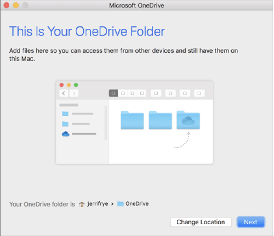 Once you’re signed into your OneDrive account, you will be prompted to select the location you wish to sync your OneDrive folder. Choose Finder and then click Next to continue to configure the app with macOS.