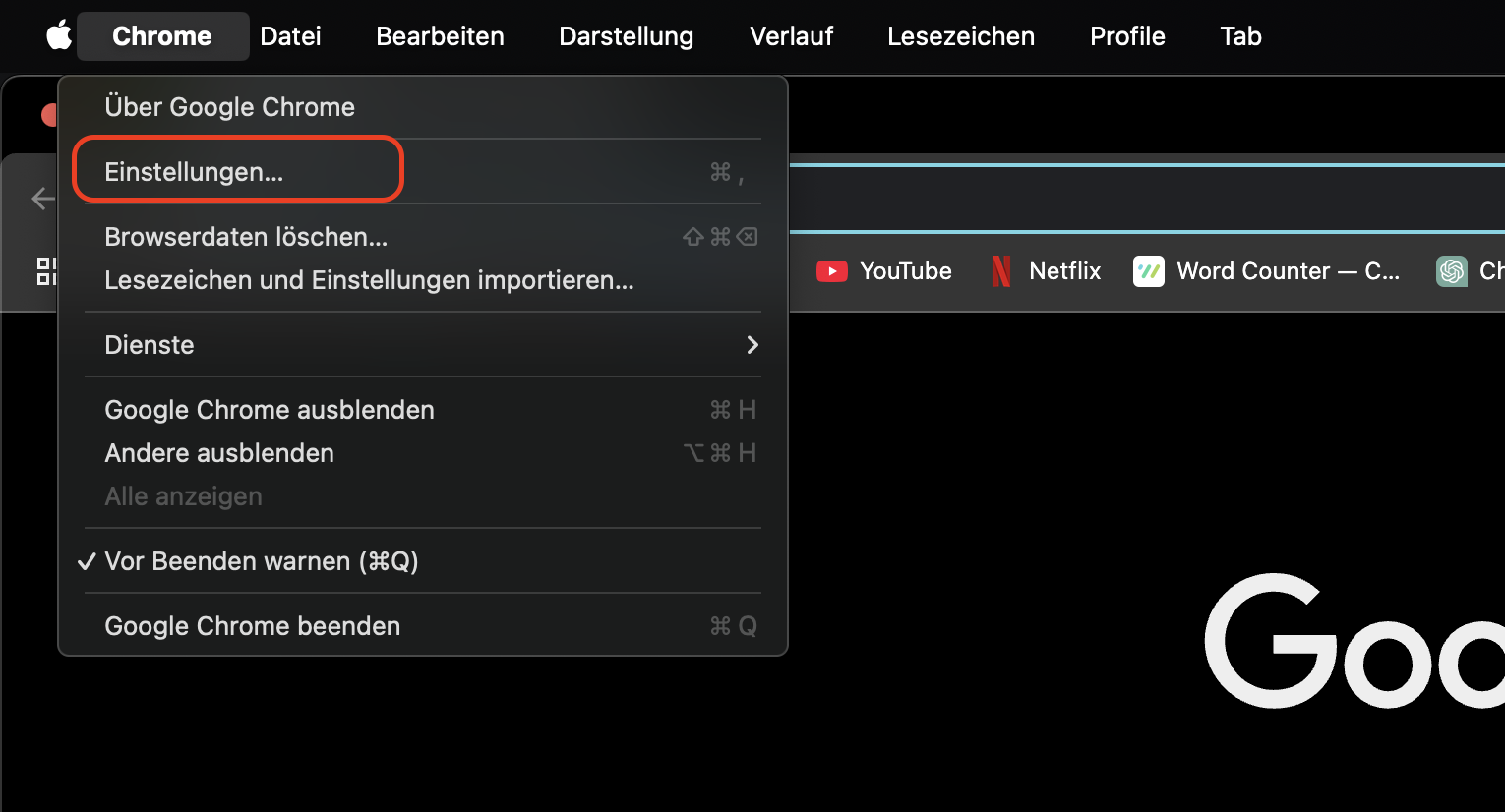 Ein Zurücksetzen von Google Chrome kann möglicherweise das Problem beheben und die Leistung verbessern. Wählen Sie in Google Chrome die Option Einstellungen.