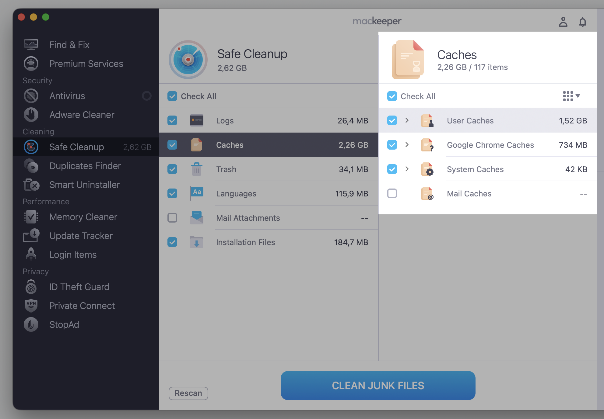 MacKeeper's Safe Cleanup on macOS listing Caches and junk it found, so you can review OneDrive cache before removing it on a Mac.