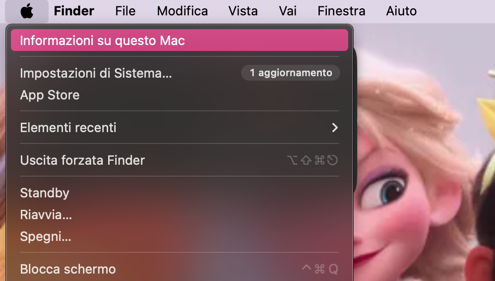 Menu Apple con l'opzione 'Informazioni su questo Mac' selezionata ed evidenziata