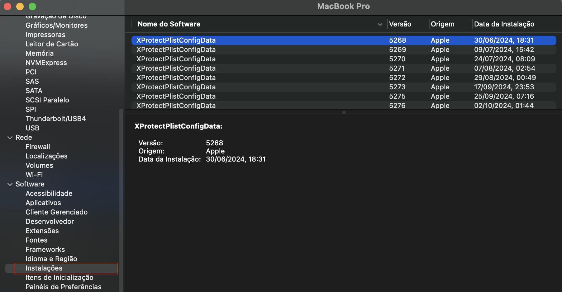 Janela de Instalações de Software exibindo o XProtectPlistConfigData destacado em azul