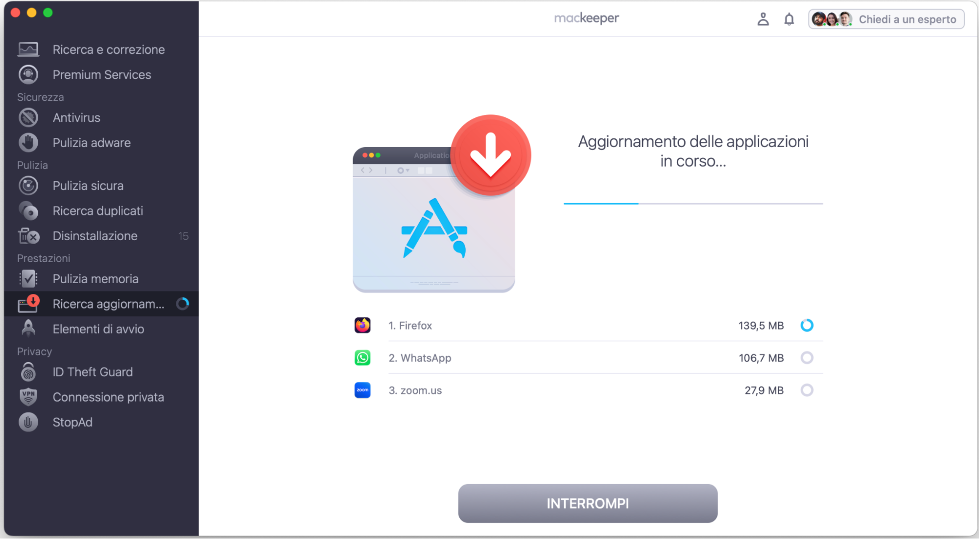 Il processo di aggiornamento può richiedere del tempo. Attendi il completamento.