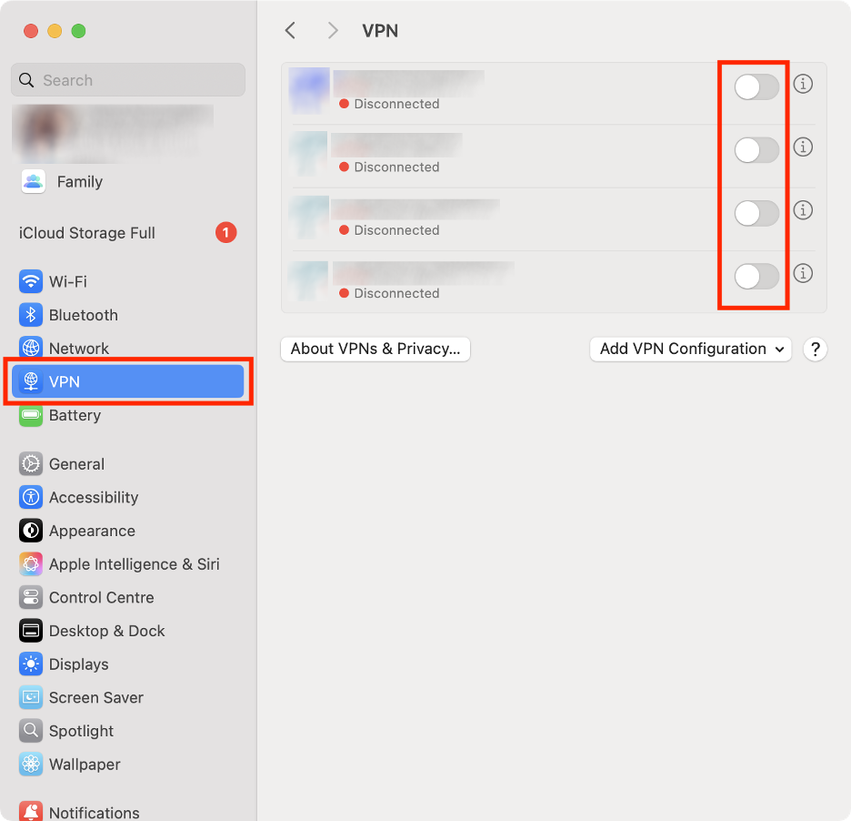 To disable conflicting connections to fix the iPhone Mirroring issue, go to your Mac’s System Settings, select VPN, then turn off any VPN connections.