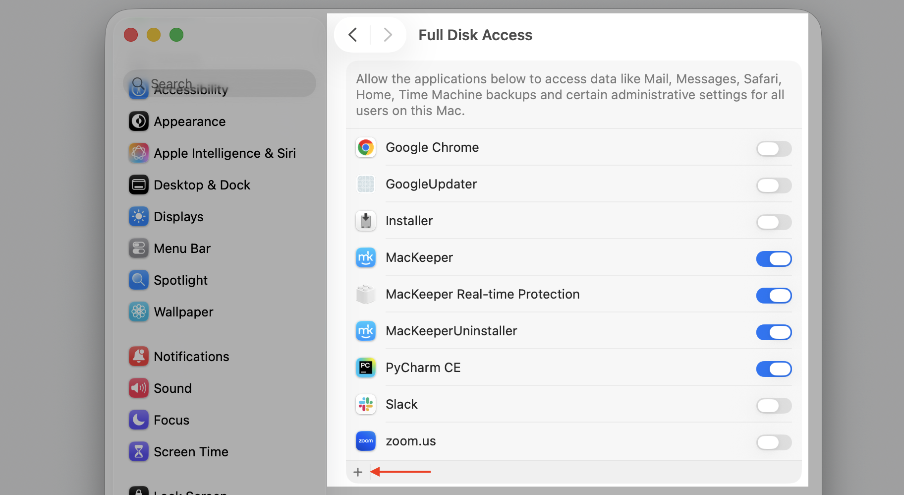 Click the + button below the Full Disk Access list in macOS System Settings on your MacBook to add the Steam app.
