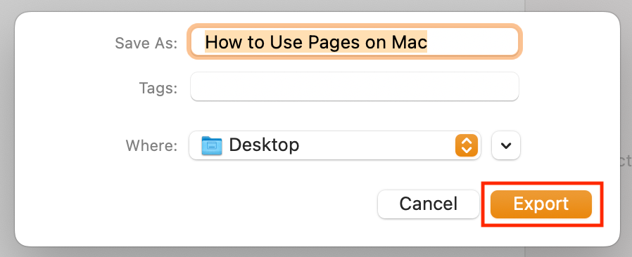 To save a Pages file in a Word format on your Mac, click Export.