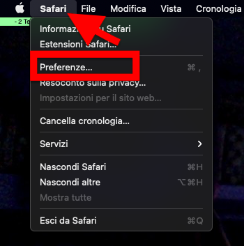 Il menu Safari sul Mac. Aprire il menu delle Preferenze per pulire vecchi dati di navigazione e liberare spazio sul Mac.