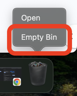 macOS Dock showing the Trash icon with the Empty Bin option highlighted to complete the Chrome uninstall step on an Apple computer.