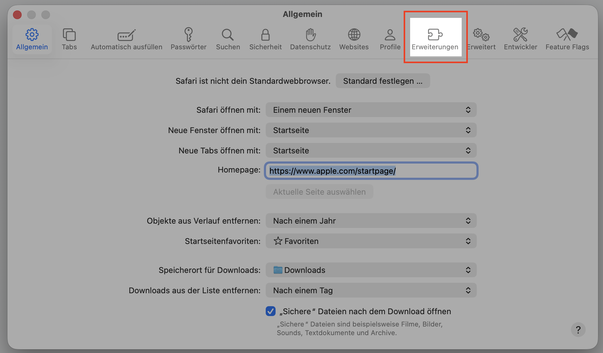 Dialogfeld Einstellungen in Safari mit hervorgehobenen Erweiterungen. So entfernen Sie Erweiterungen aus Safari, als Teil einer Anleitung, wie man gefälschte McAfee-Pop-ups auf dem Mac blockieren kann.