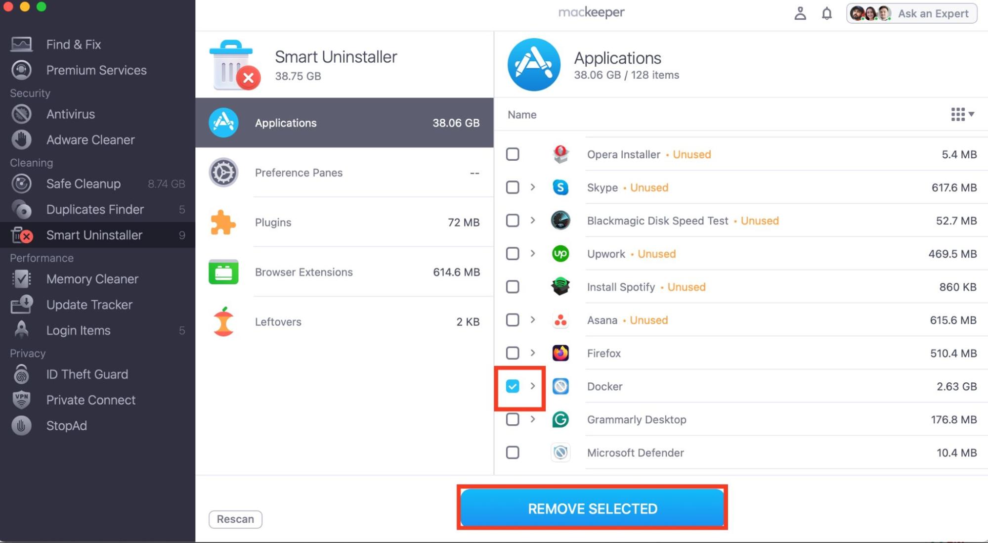 The MacKeeper app is opened on a Mac. Select Applications > Docker > Remove Selected to use a third-party program uninstaller to delete Docker. The MacKeeper app is opened on a Mac. Select Applications > Docker > Remove Selected to use a third-party program uninstaller to delete Docker.