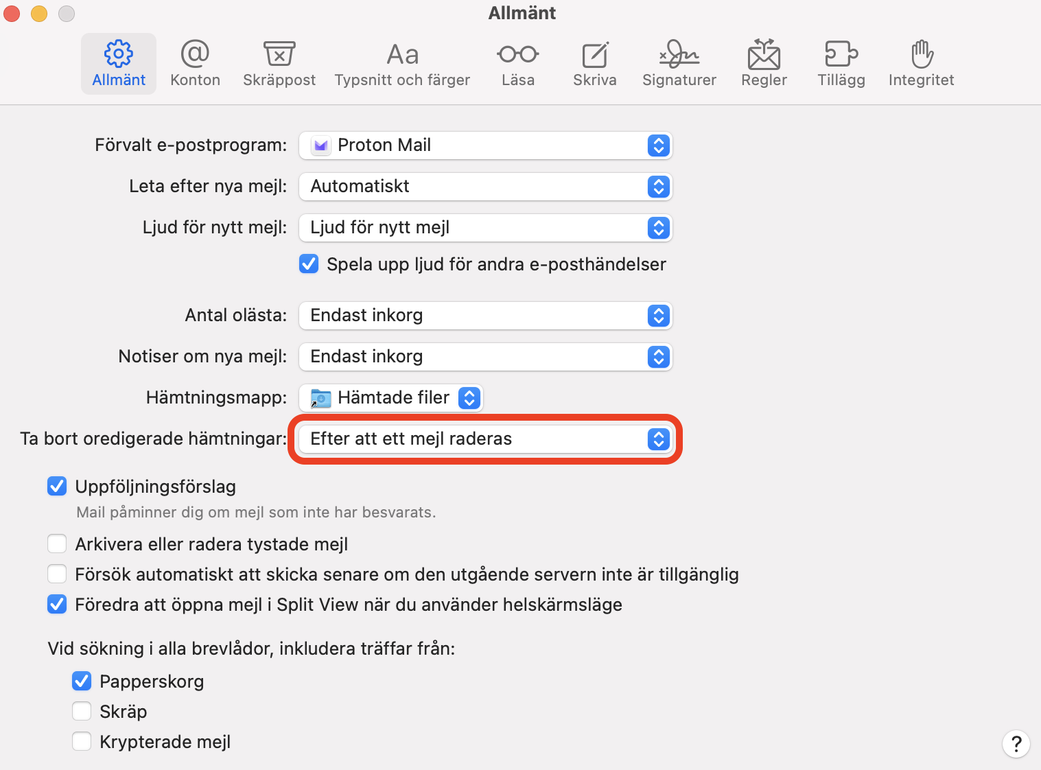 Välj alternativet Efter att ett mejl raderas för att automatiskt ta bort mailbilagor och skräppost från fliken Allmänt i Mail-appens inställningar.