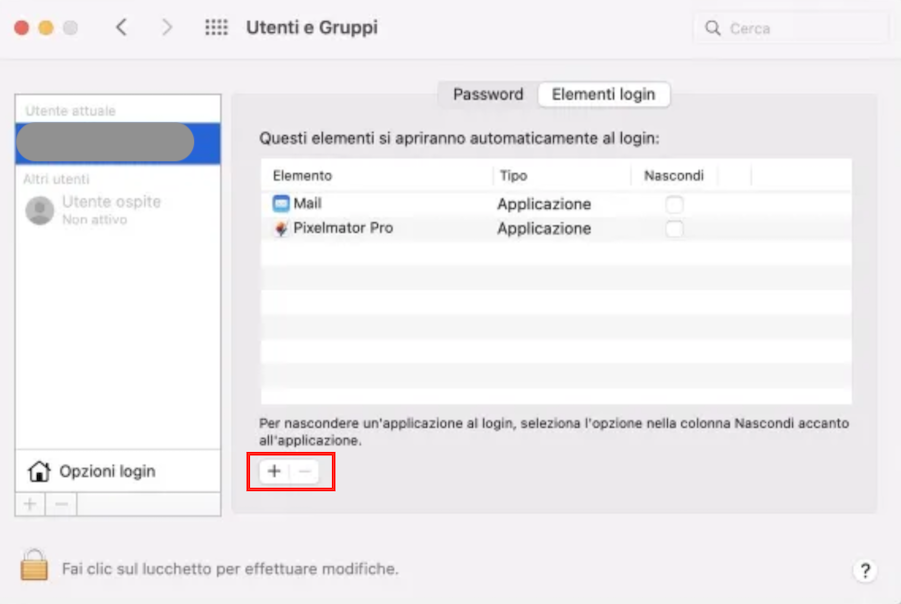 La finestra Utenti e Gruppi mostra la selezione del secondo pannello: Elementi login.