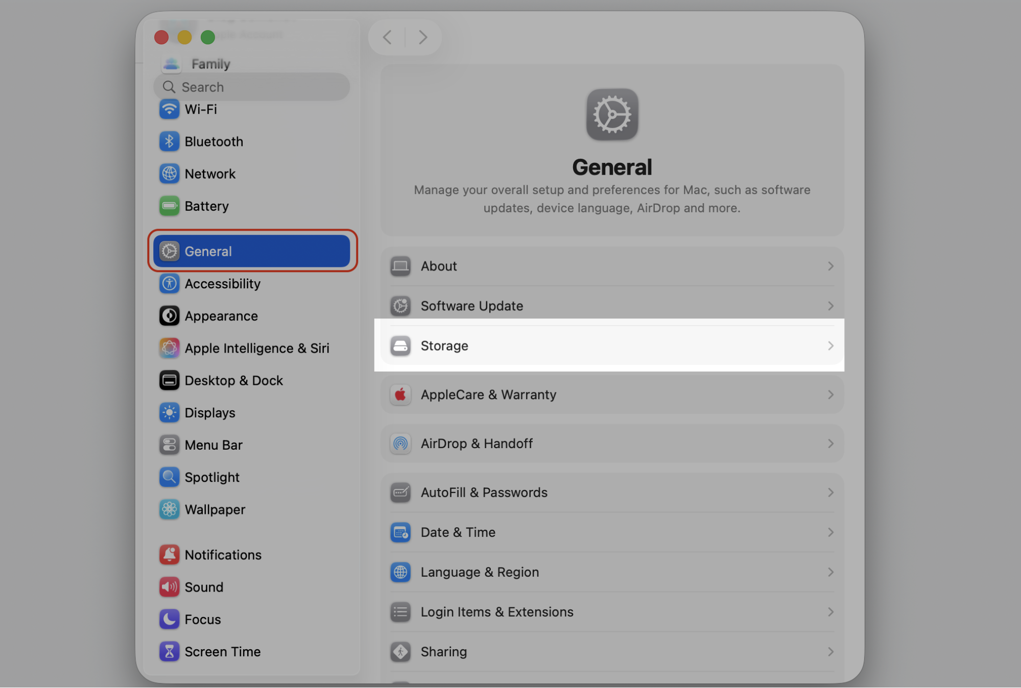 System Settings on macOS with General selected in the sidebar and Storage highlighted to review how much space Apple Music uses on Mac.