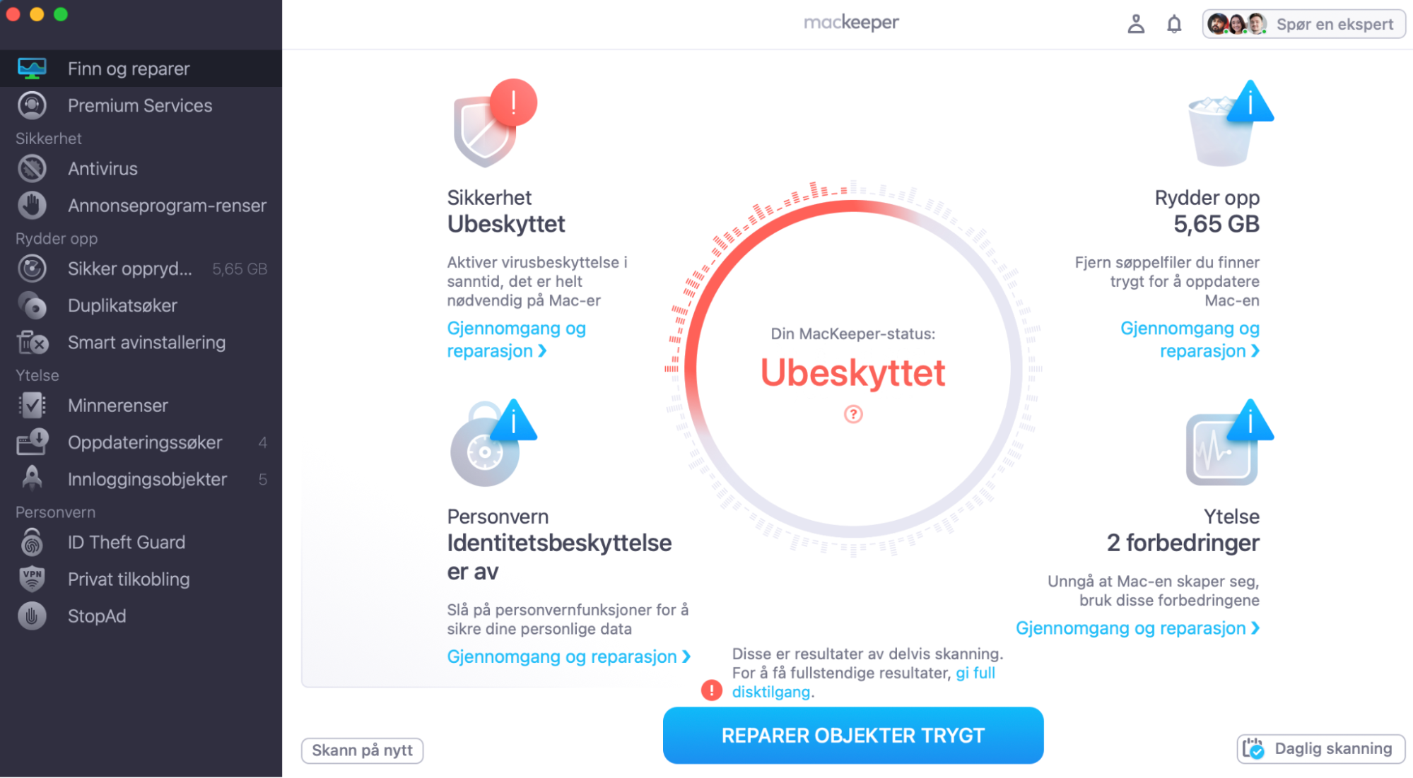 Vent til MacKeeper-appen har fullført skanneprosessen for å identifisere den mulige årsaken til at harddisken ikke fungerer. Løs deretter problemet med funksjonen Reparer objekter trygt.