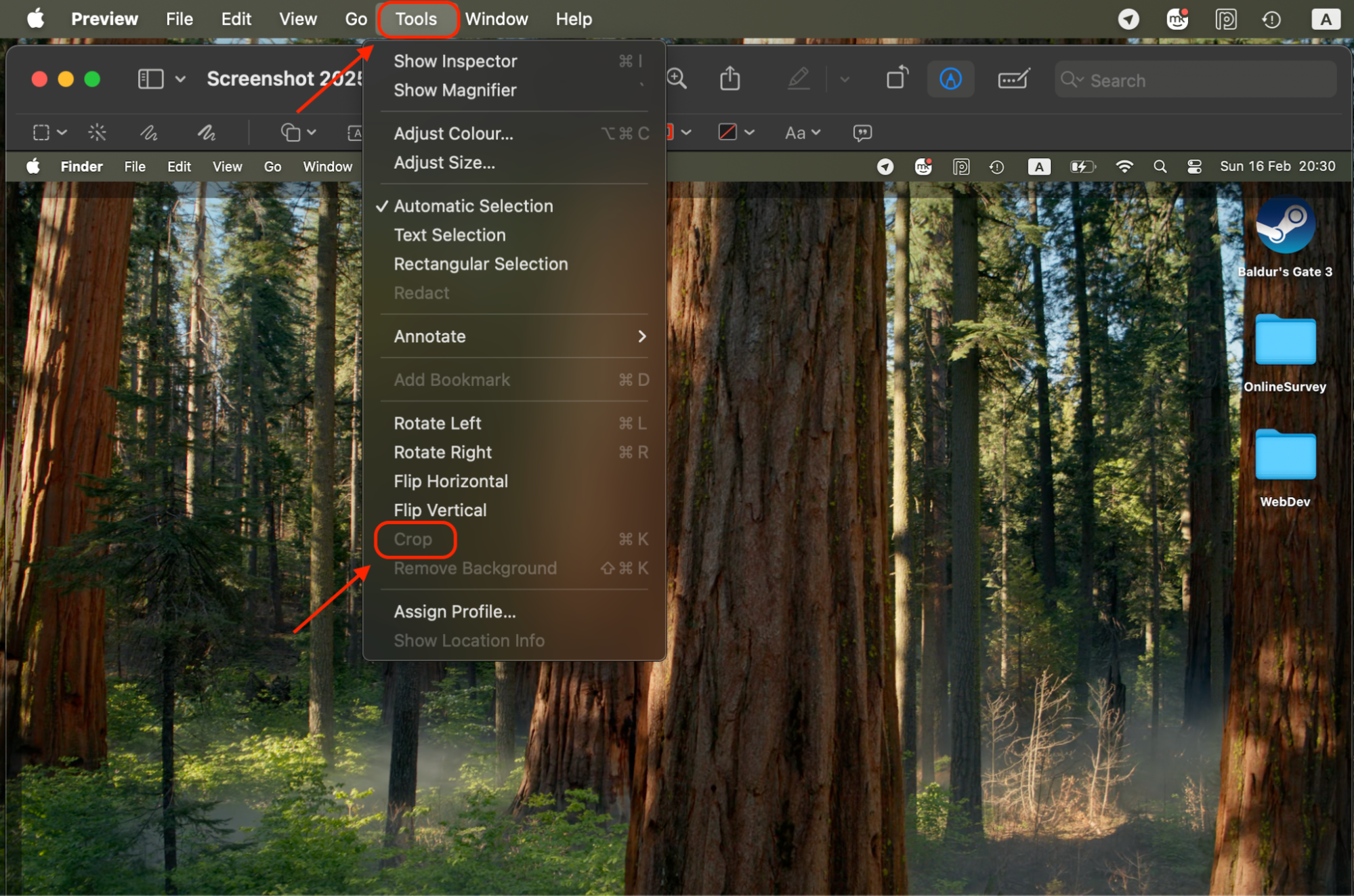 Open the image in Preview, navigate to Tools > Crop, or use the Command + K shortcut to quickly trim the screenshot on Mac.