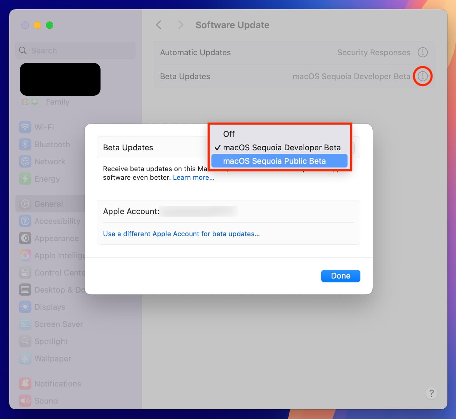In macOS Sequoia, open System Settings, go to General, click Software Update, then select Beta Updates and choose Off from the dropdown to stop receiving Tahoe builds.
