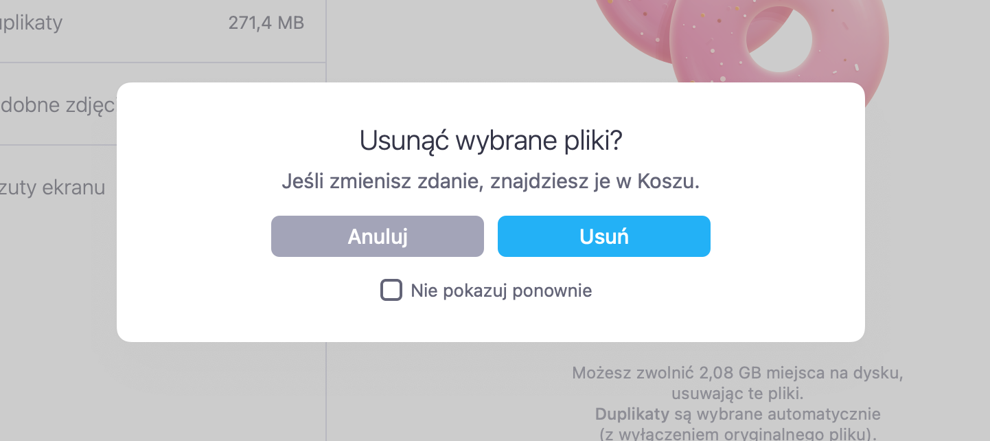 Na koniec, aby zakończyć usuwanie zduplikowanych plików z komputera, kliknij Usuń w wyskakującym oknie aplikacji MacKeeper.
