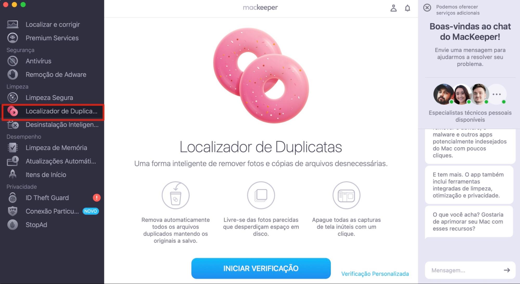 Inicie o MacKeeper, selecione Localizador de Duplicatas e clique em Iniciar Verificação para começar o processo de busca dos arquivos duplicados.