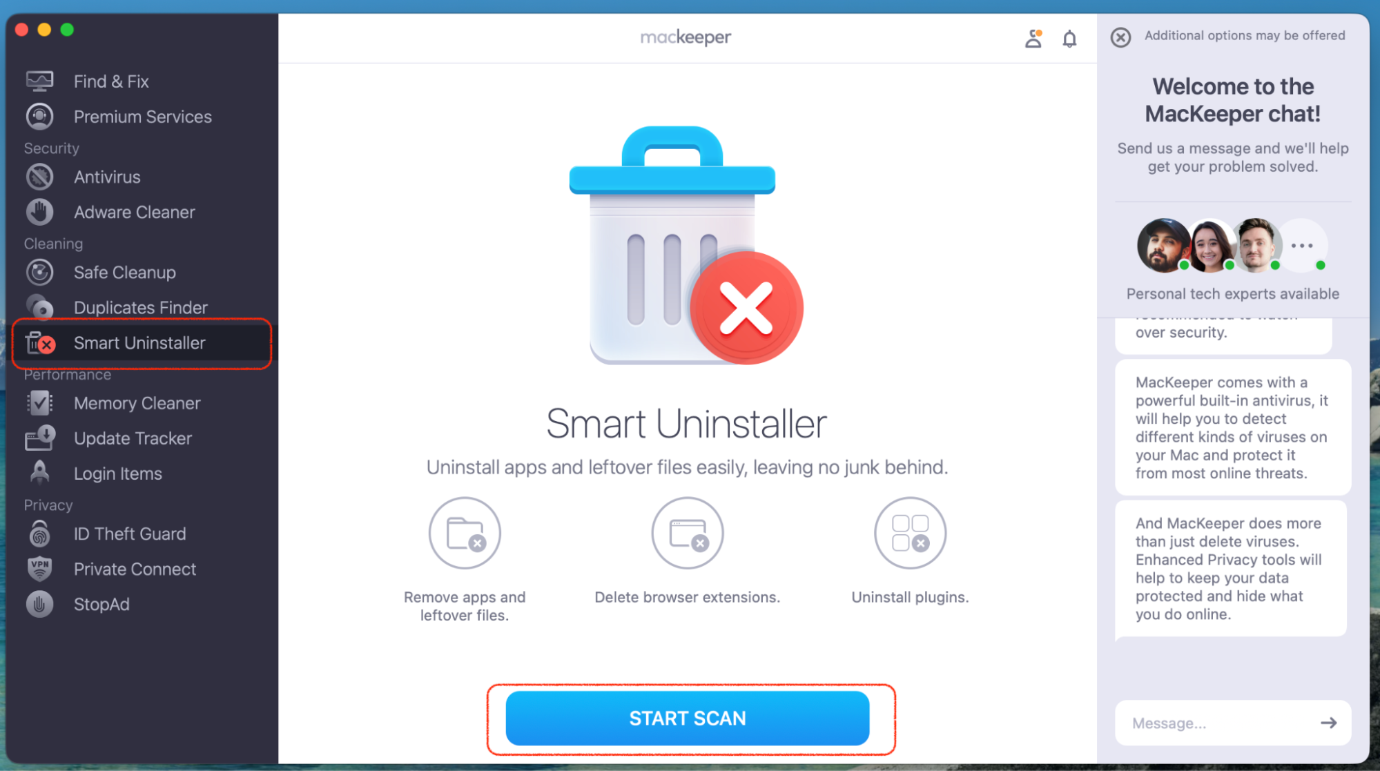 MacKeeper's Smart Uninstaller welcome screen on a Mac with the Start Scan button highlighted to begin scanning for apps and leftover files.