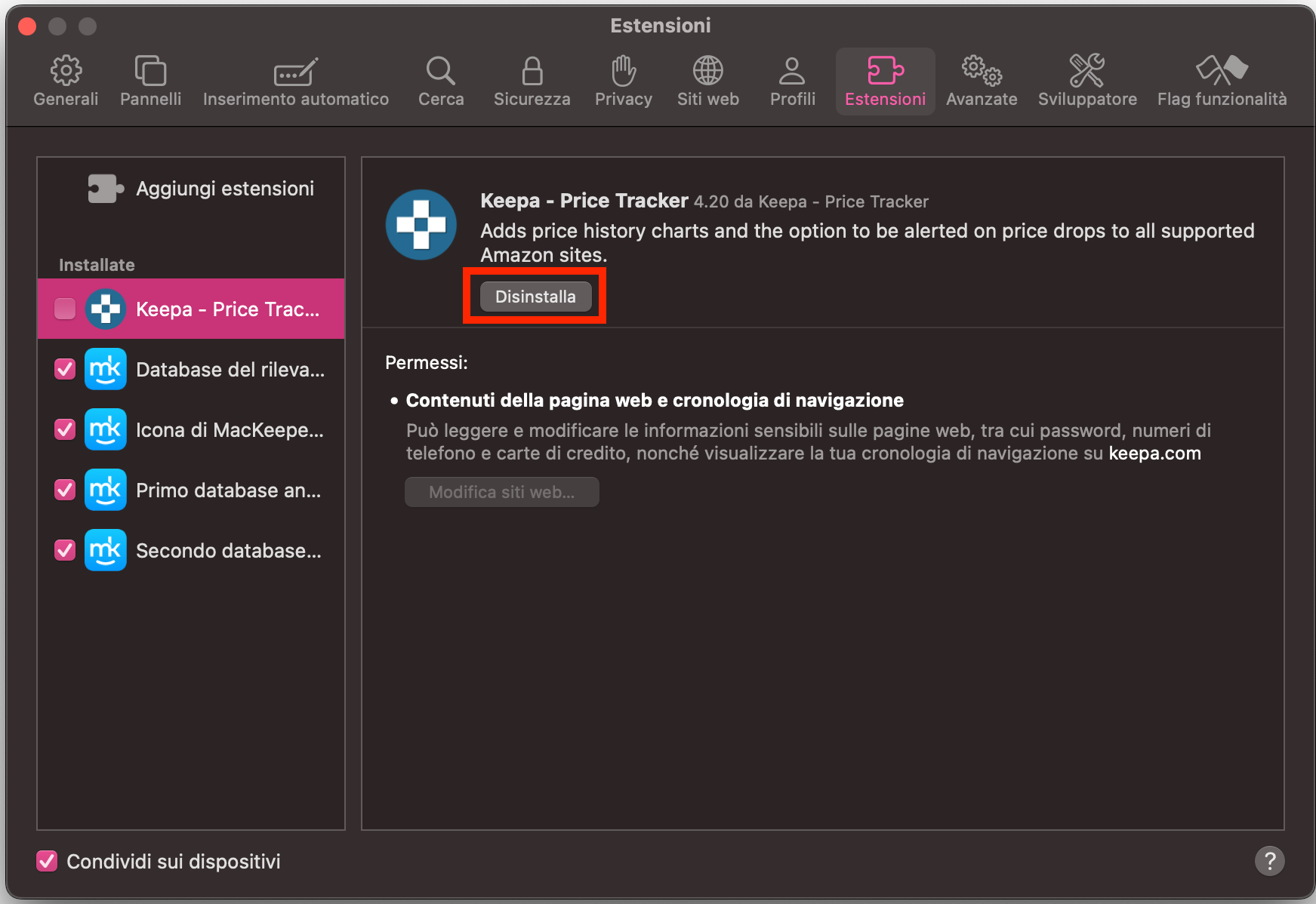 Il menu Estensioni dentro le Impostazioni di Safari su Mac. Seleziona un’estensione non riconosciuta che vuoi eliminare, poi clicca Disinstalla.