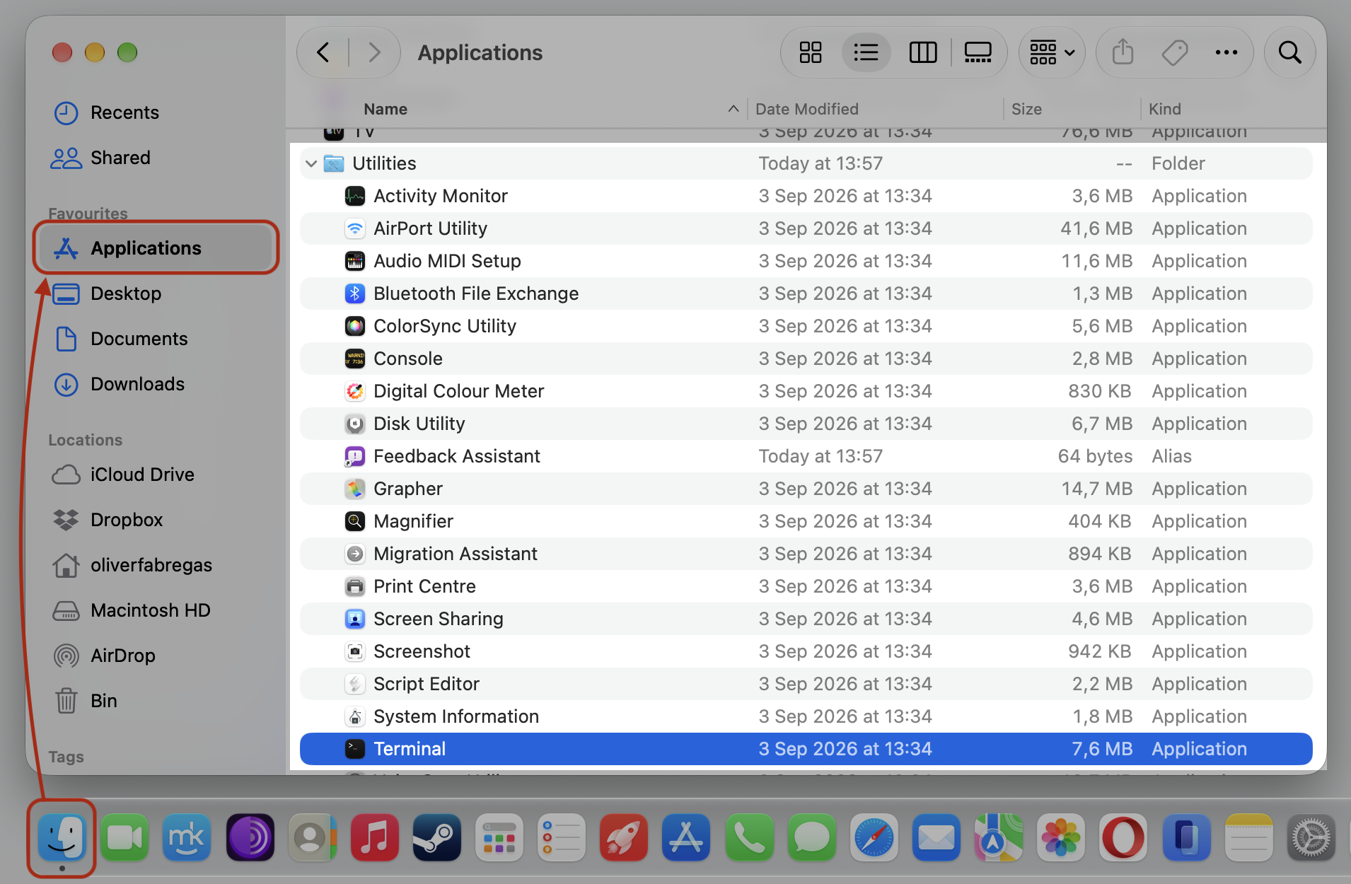 Finder Applications window on a MacBook, Utilities folder open and Terminal selected to launch the shutdown timer command-line tool on macOS.