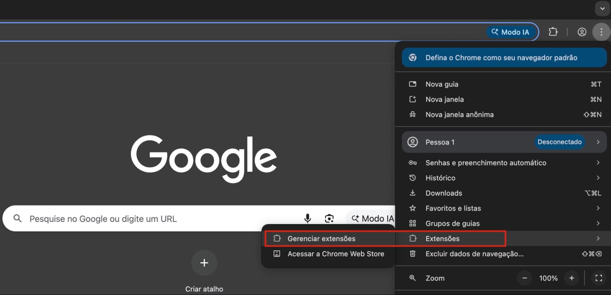 Chrome, com o menu aberto, com Gerenciar Extensões destacado. Como remover extensões, como parte de um guia sobre como parar pop-ups falsos do McAfee no Mac.