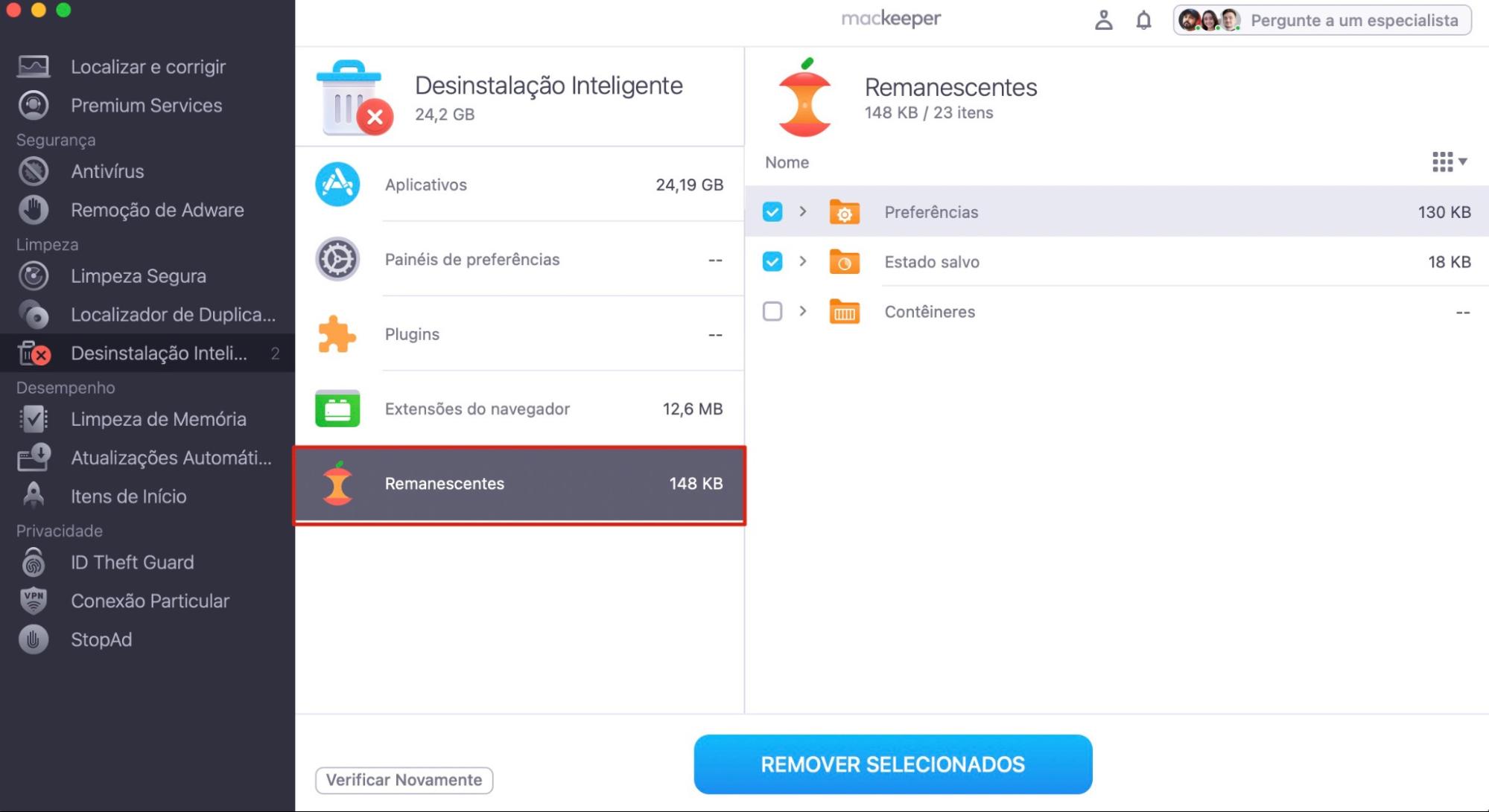 O aplicativo Desinstalação Inteligente é selecionado dentro do MacKeeper para mostrar o método eficaz de remoção automática dos arquivos ocultos do aplicativo.