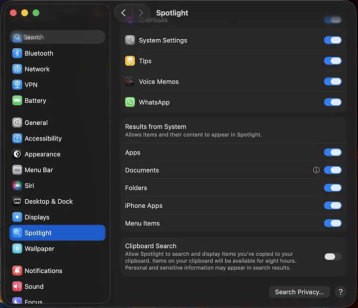 To exclude files or folders from Spotlight, first open System Settings and choose Spotlight from the sidebar, where you'll see the Search Privacy option at the bottom of the window.