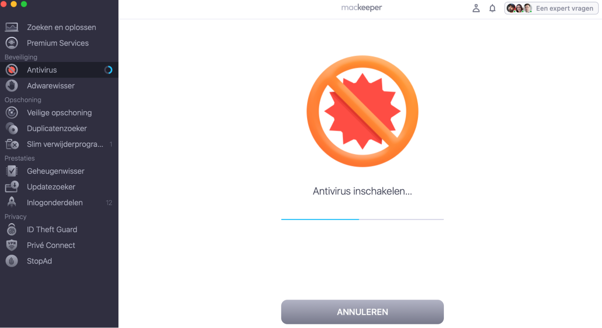 Tijdens het scannen van je Mac laat MacKeeper weten of er bedreigingen zijn gevonden. Wacht tot het Antivirus-hulpmiddel de scan heeft voltooid.
