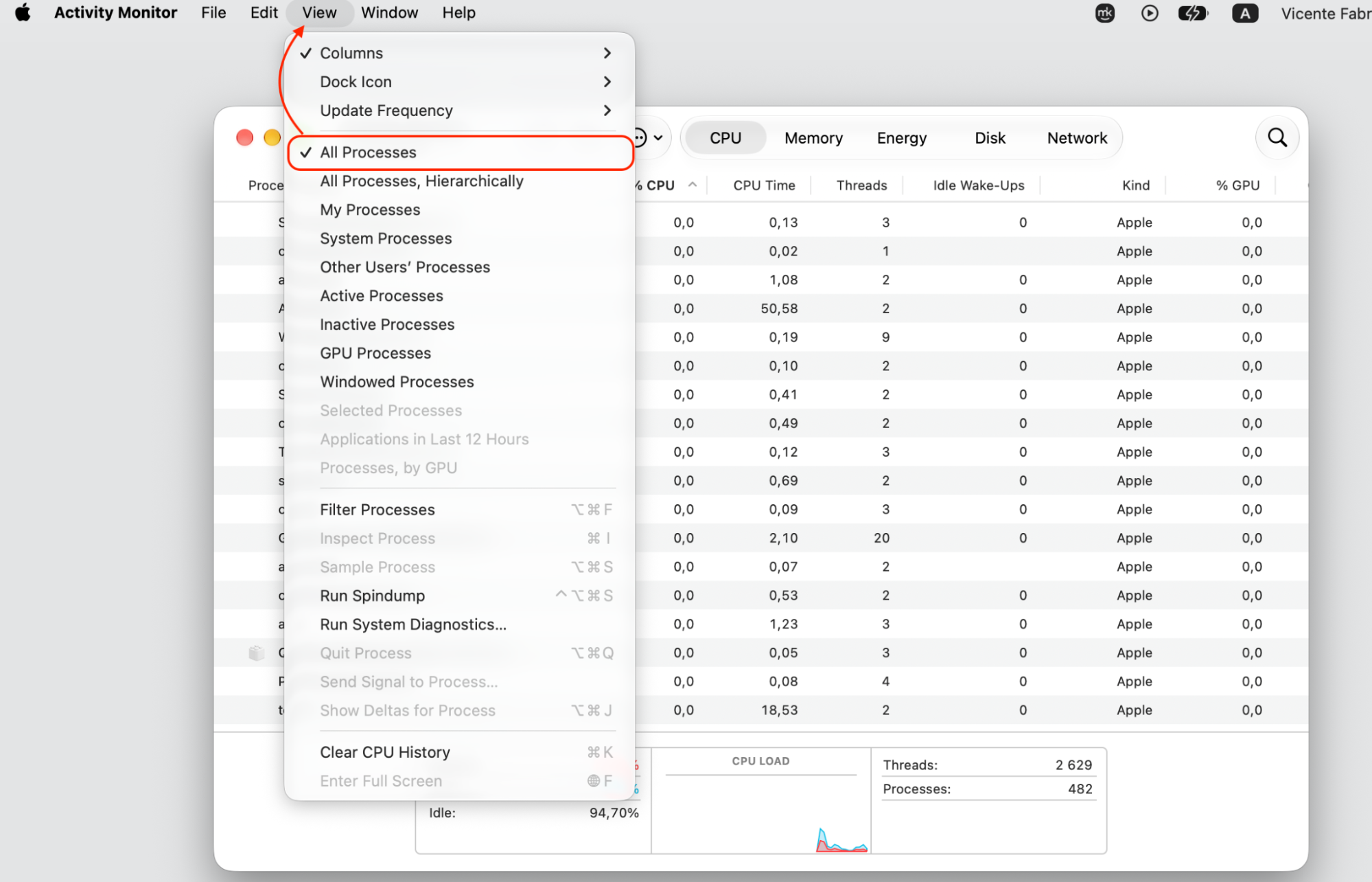 Activity Monitor window on an Apple computer with the View menu open to select All Processes while fixing apps not opening.