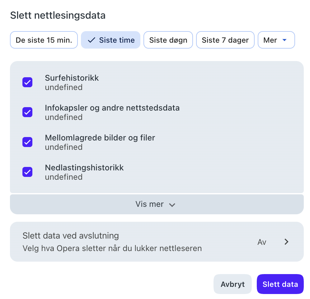 Menyen for å tømme hurtigbuffer i Opera på Mac viser alternativene Surfehistorikk, infokapsler og andre nettstedsdata eller Mellomlagrede bilder og filer. Klikk på Slett data.