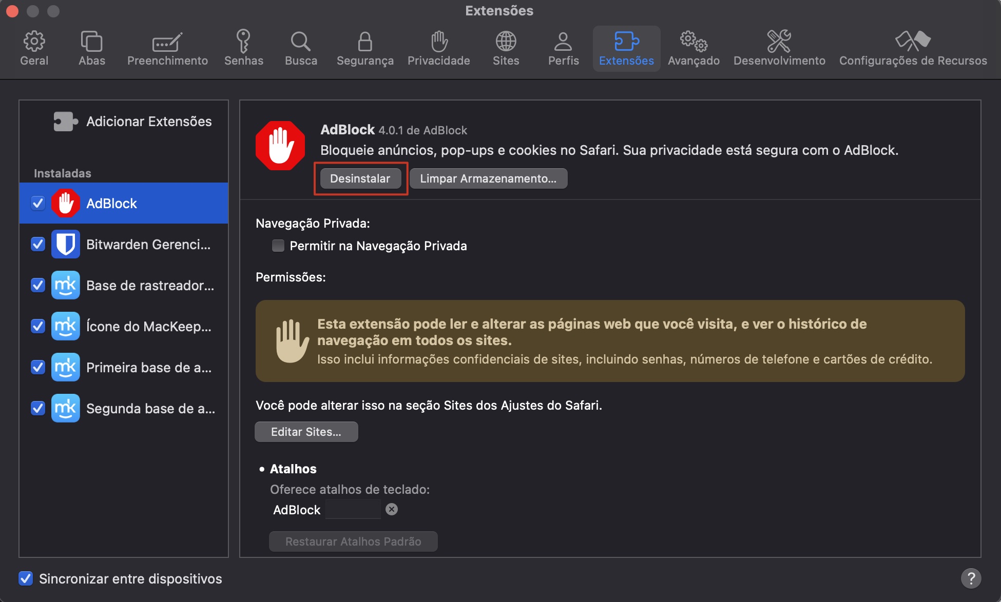 Se você identificou a extensão problemática, desinstale-a ou reinstale-a.