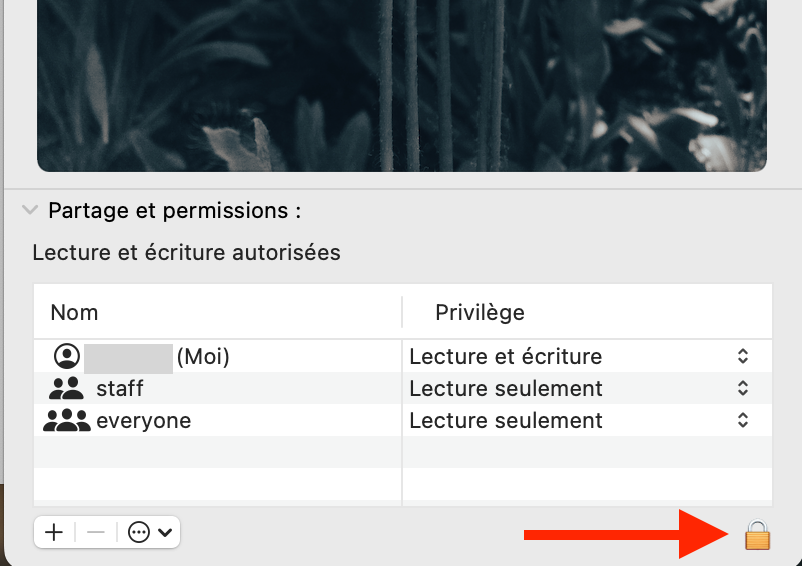 Une icône de cadenas apparaîtra en bas de l'écran. Cliquez dessus pour modifier les autorisations et la confidentialité afin de pouvoir supprimer le fichier.