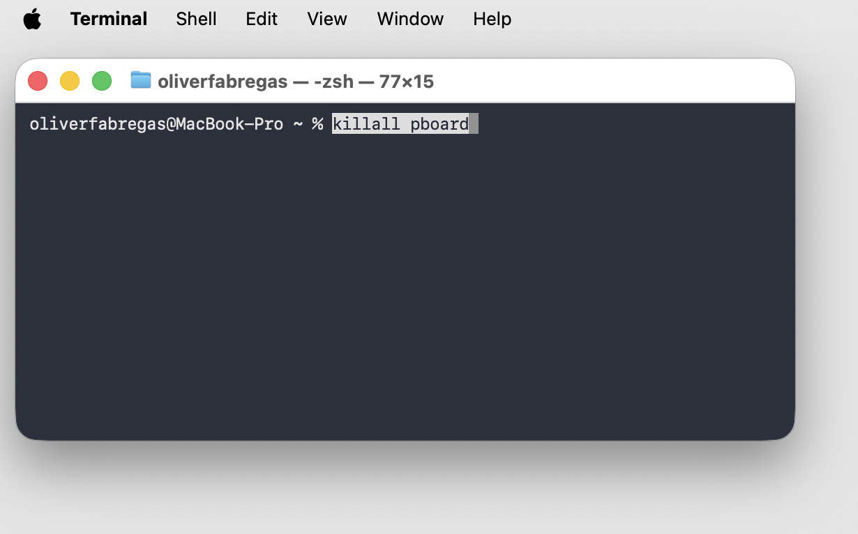 Terminal window on an Apple computer running the killall pboard command, then pressing Return to restart the stuck clipboard service.