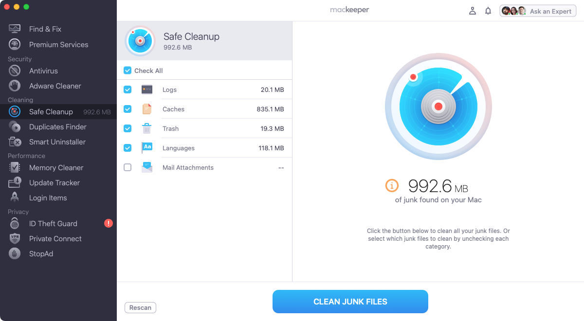 When MacKeeper has finished scanning your Mac for junk files, look through the results, then click 'Clean Junk Files.'