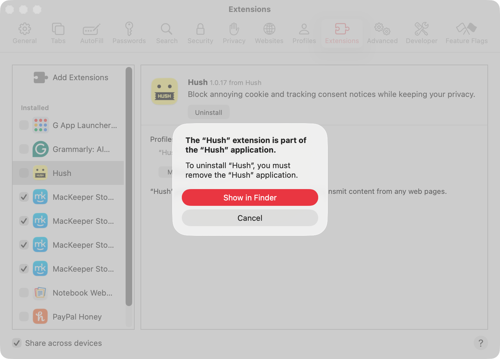 Safari's extensions are usually stored in your Applications folder. You'll be prompted to go to that folder to remove the extension. Click the 'Show in Finder' button.
