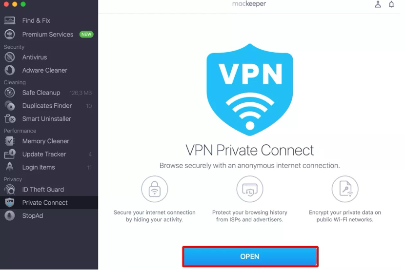 To use a VPN on your Mac for privacy reasons, open MacKeeper, choose Private Connect, and click on Open.