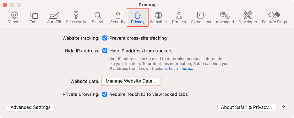 To fix the application Safari is not open anymore issue by clearing the cookies on your Mac, go to the Privacy tab, then click the Manage Website Data button.