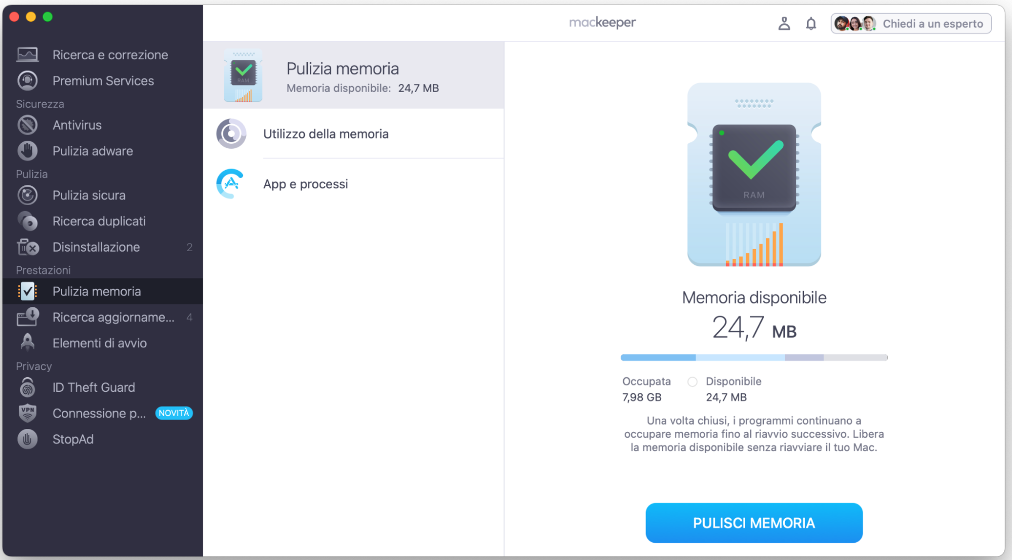 L’app di MacKeeper mostra lo strumento Pulizia Memoria mentre esegue la scansione del sistema e dell’utilizzo della RAM