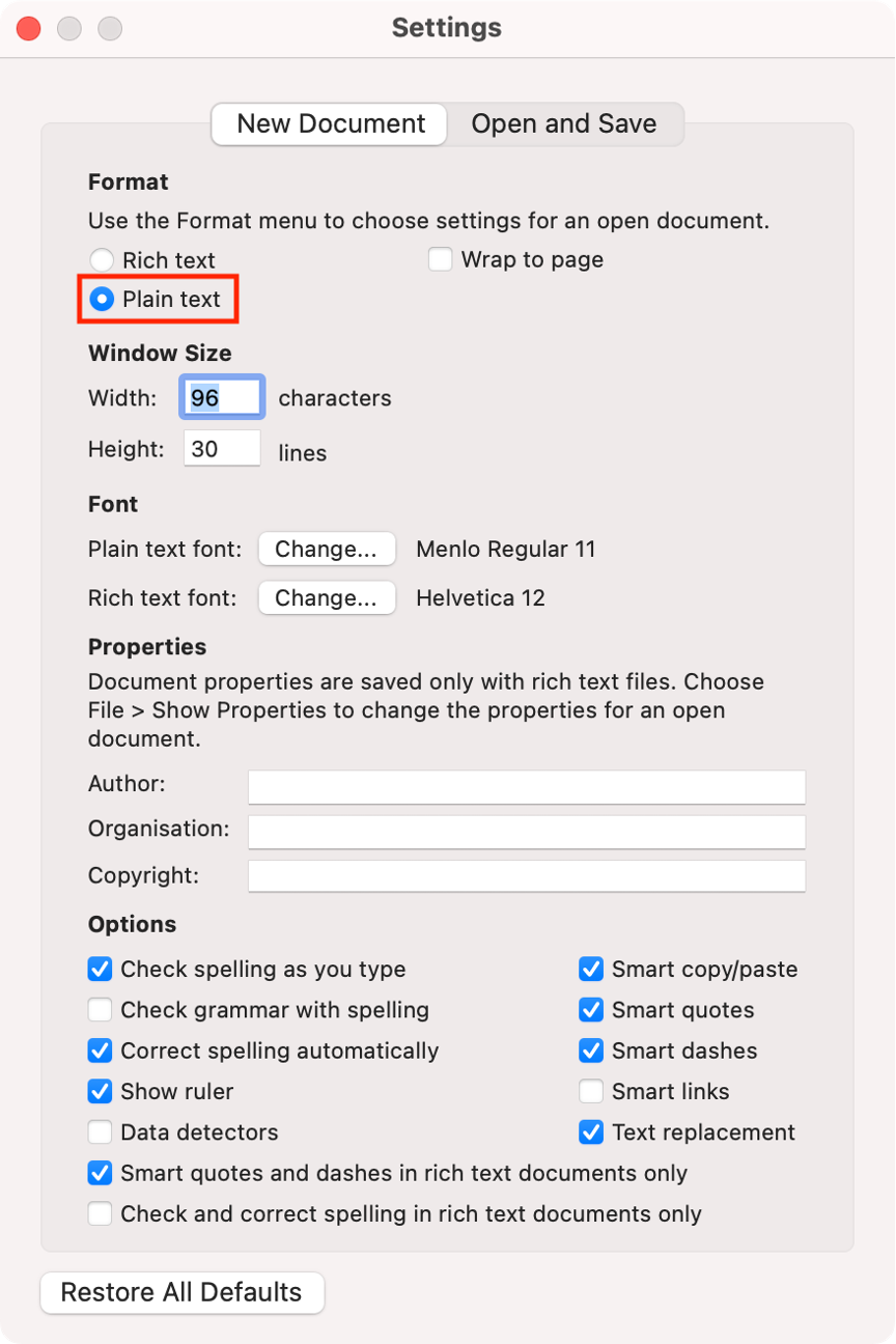 To make a TXT file on your Mac with TextEdit, select the Plain text option.