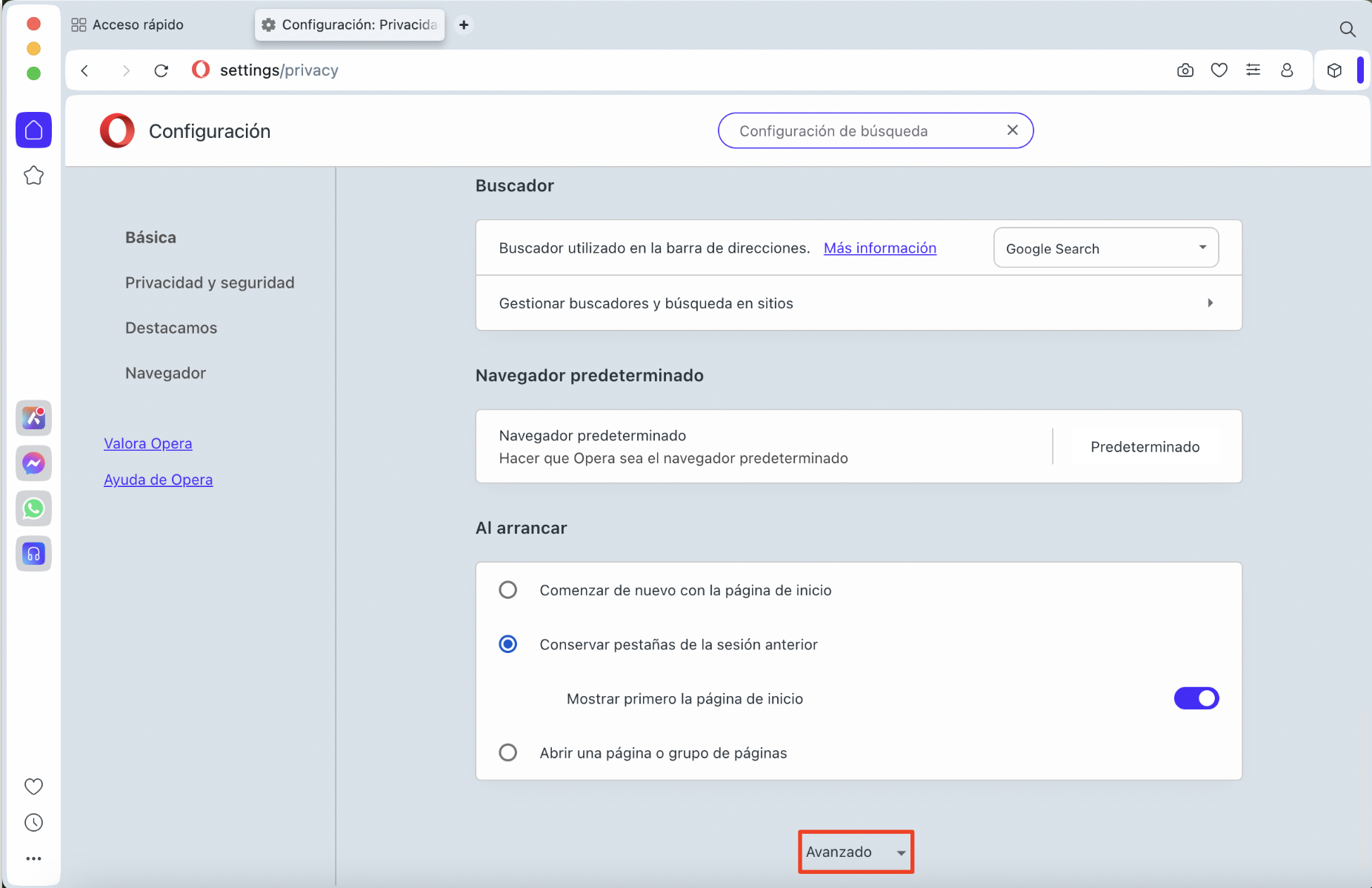 Página de Opciones de Opera, con Avanzado resaltado. Cómo arreglar servicio de cuentas quiere acceder a las notificaciones de llavero de inicio de sesión.