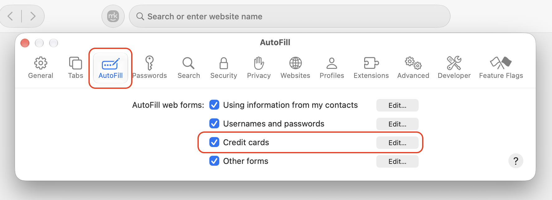 The AutoFill tab in Safari Settings on macOS, selecting Credit Cards, then Edit to add a card for iCloud Keychain to autofill on your Mac.