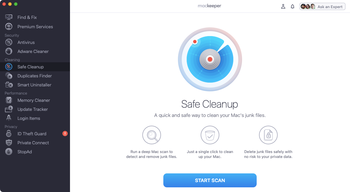 Open up MacKeeper, then select Safe Cleanup from the sidebar. Next, click Start Scan and wait for the tool to finish its scanning process.