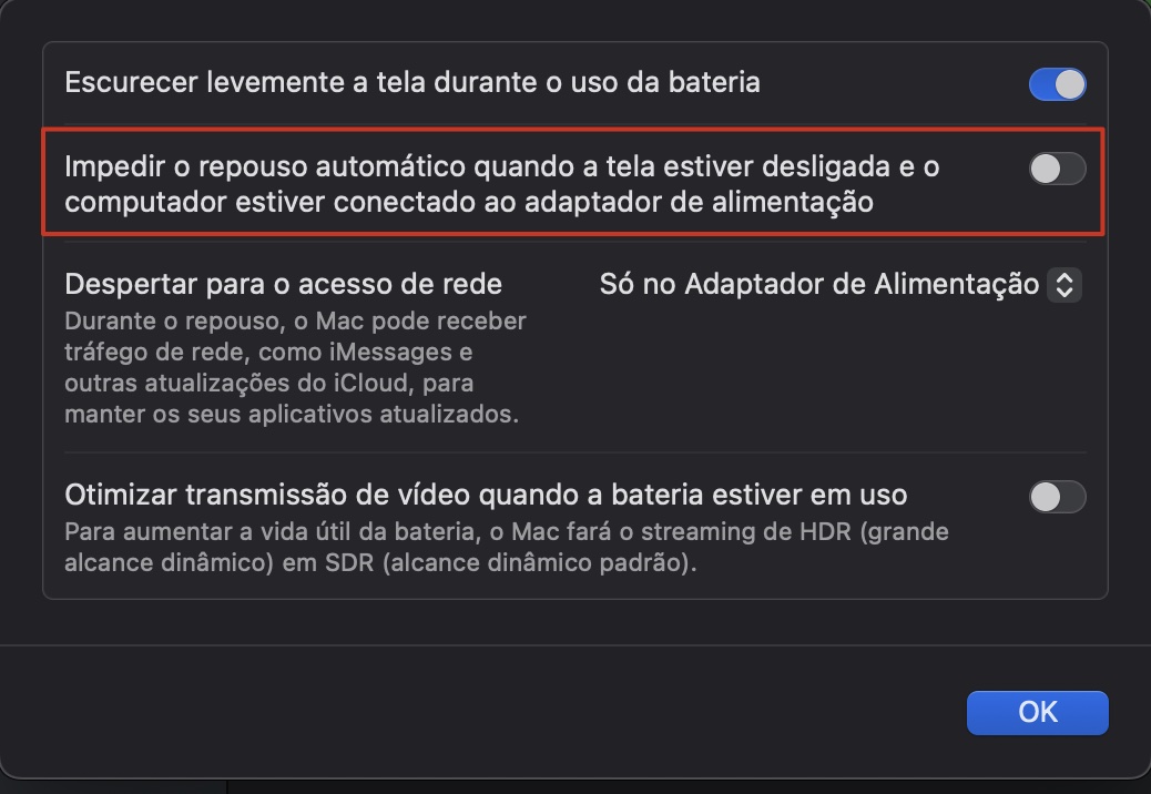 Em seguida, nos Ajustes do Sistema do macOS > Bateria > Opções, desative a opção 'Impedir o repouso automático quando a tela estiver desligada e o computador estiver conectado ao adaptador de alimentação'.