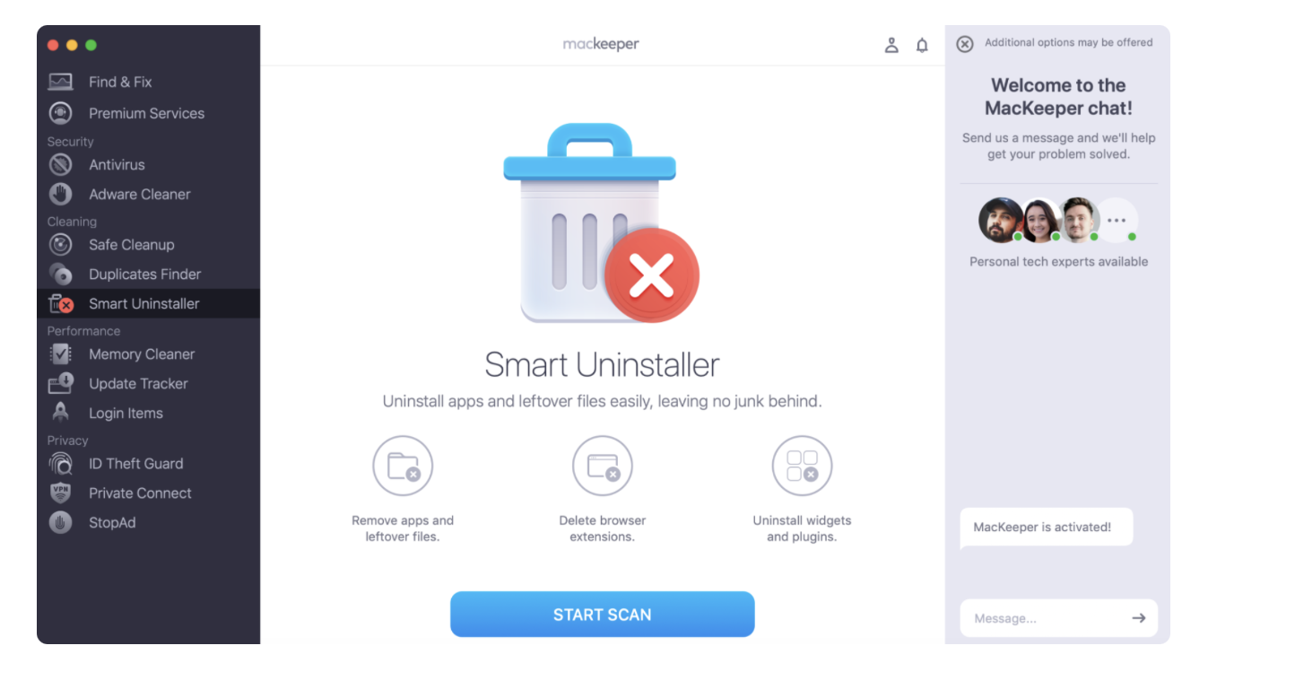 After downloading MacKeeper, you then need to go to the left-hand toolbar. When you're here, select Cleaning and tap Smart Uninstaller. Then, once you've done that, click on Start Scan. After downloading MacKeeper, you then need to go to the left-hand toolbar. When you're here, select Cleaning and tap Smart Uninstaller. Then, once you've done that, click on Start Scan.
