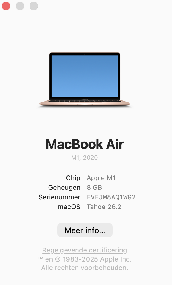 Je ziet nu een paneel met een korte samenvatting van de belangrijkste informatie over je Mac en macOS. Klik op Meer info om aanvullende details te bekijken.