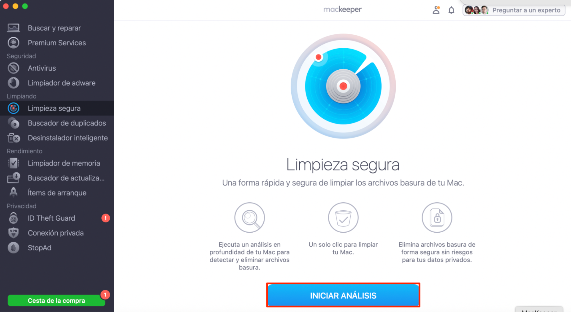 Pantalla de inicio de Limpieza segura de MacKeeper con el botón Iniciar análisis resaltado en la parte inferior. Cómo borrar el caché de mail en Mac con un limpiador de Mac.