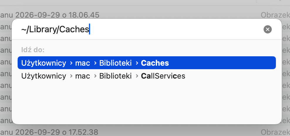 Wpisz ~/Library/Caches, a następnie naciśnij Enter. To przeniesie Cię bezpośrednio do plików pamięci podręcznej użytkownika, obejmujących wiele aplikacji na Twoim Macu.