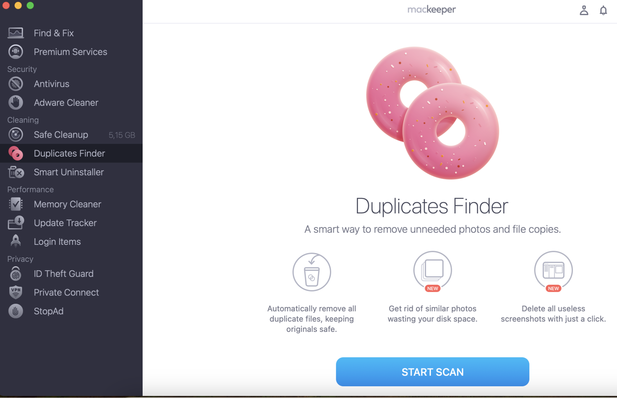 To remove duplicate files from your Mac, launch MacKeeper and select Duplicates Finder from the menu. Click the Start Scan button.