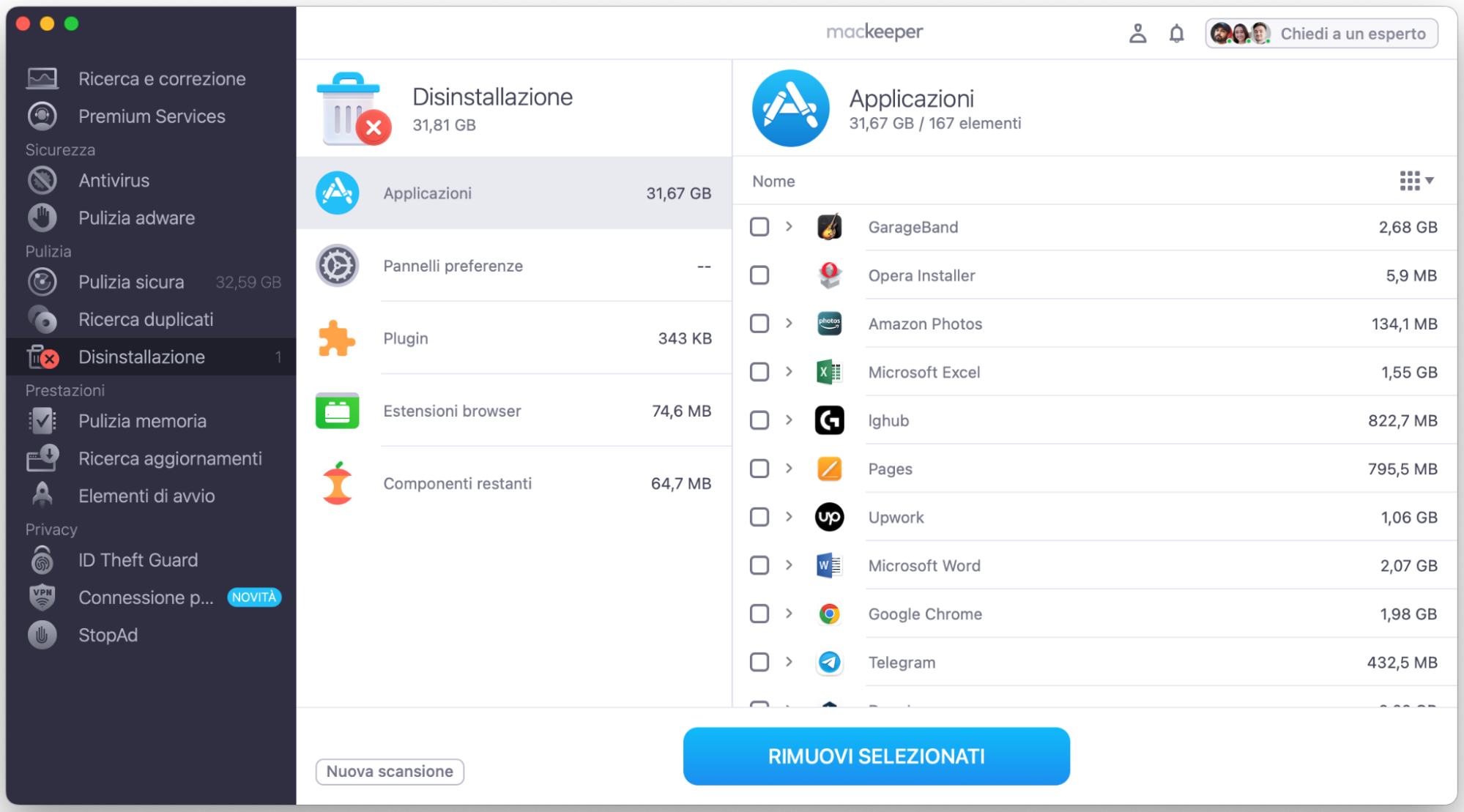 Usa la funzione Disinstallazione di MacKeeper per liberare spazio sul tuo Mac. Seleziona le app che vuoi rimuovere e clicca su Rimuovi selezionati.